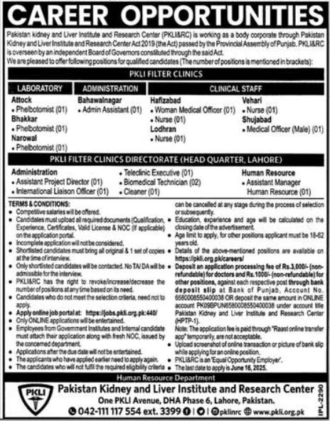 Latest Government Job Vacancies 2025 Pakistan Kidney and Liver Institute and Research Centre (PKLI) Lahore Apply Online