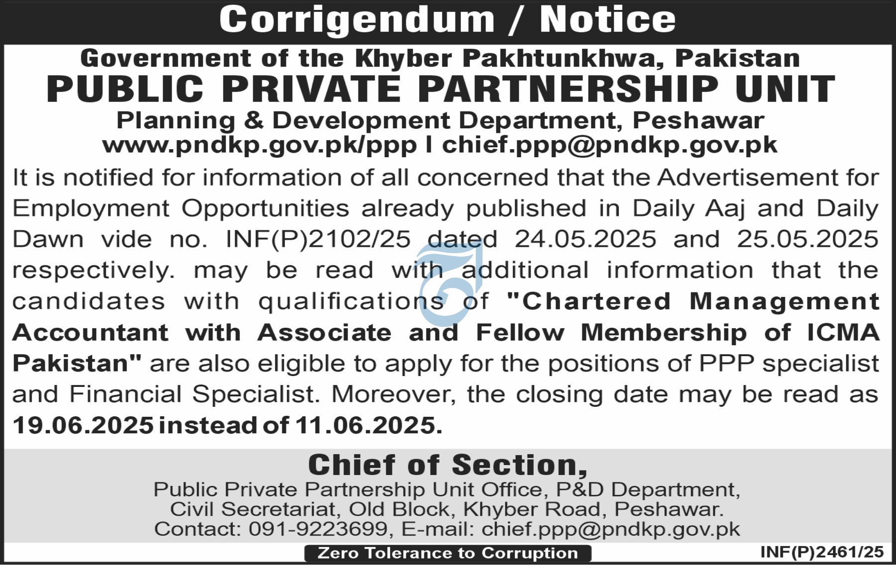 New Public Private Partnership (PPP) Unit Jobs 2025 Apply Online for Chartered Management Accountant Position