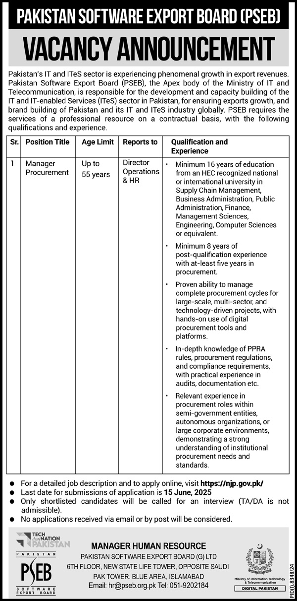 Latest Job 2025 Pakistan Software Export Board (PSEB) Islamabad Apply Online for Manager Procurement Post