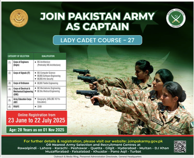 Pakistan Army Latest Jobs 2025 Apply Online for Lady Cadet Course & Captain Positions