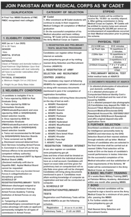 Pakistan Army Latest Job 2025 Apply Now for Medical Cadet Position
