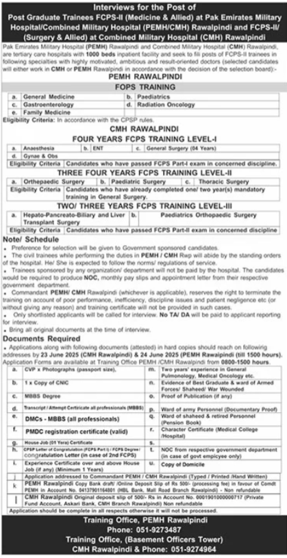 New Medical Jobs 2025 Pak Emirates Military Hospital (PEMH) Rawalpindi Apply Online for FCPS Training