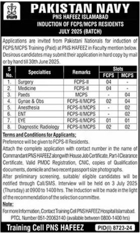 Latest Medical Jobs Vacancies 2025 Pakistan Navy Residency Program Apply Online Now for FCPS & MCPS Training Post