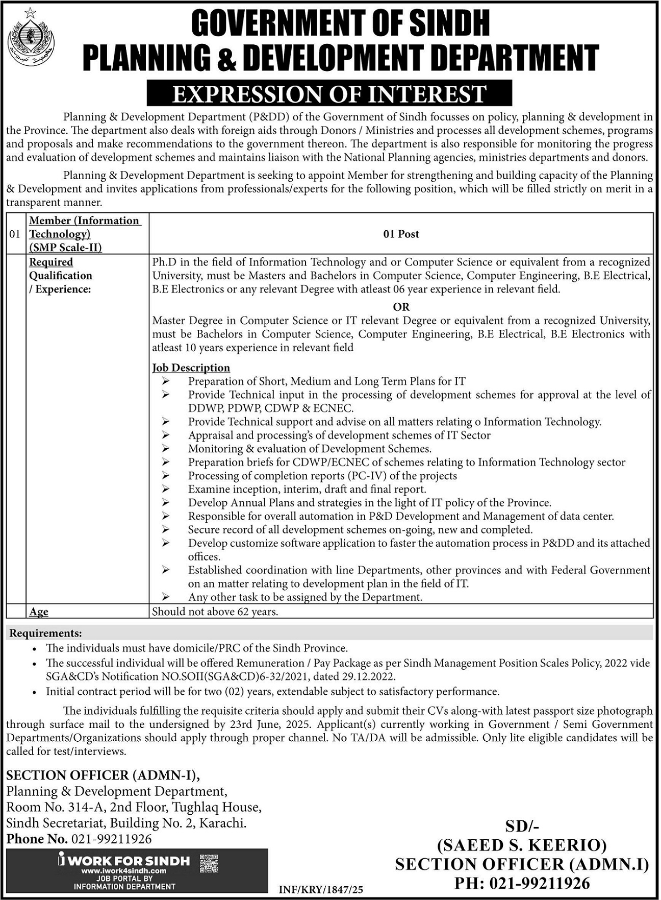 Fresh Jobs 2025 Planning & Development Department Karachi Apply Online for Member Position