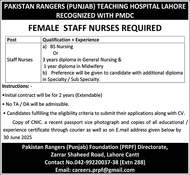 Pakistan Rangers Teaching Hospital Lahore New Medical Jobs 2025 Apply Online for Female Staff Nurse Position