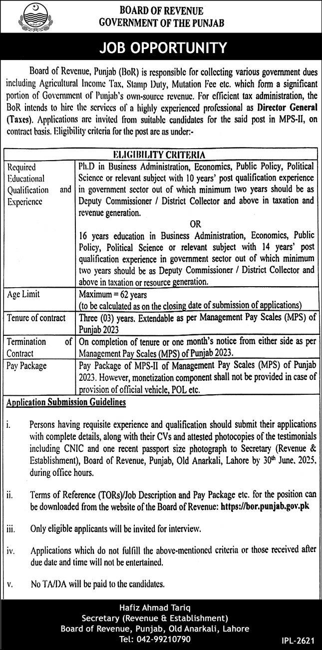 Board of Revenue (BOR), Punjab Latest Jobs 2025 Apply Online for Director General Post