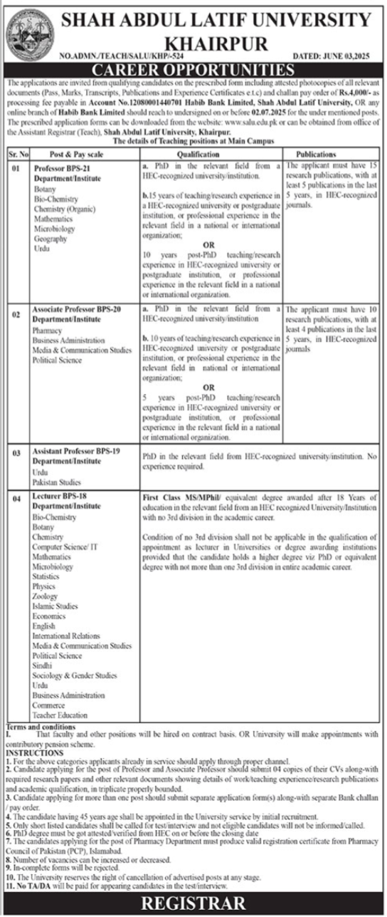 Fresh Teaching Jobs 2025 SALU Shah Abdul Latif University Khairpur Online Apply Now