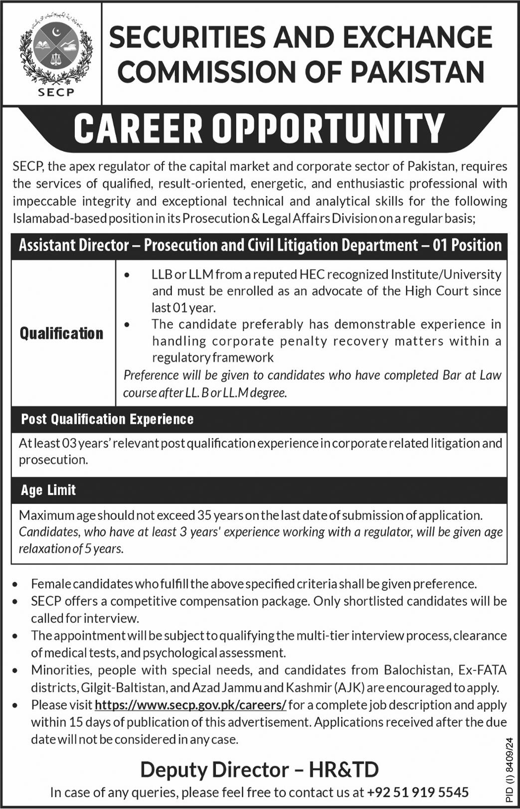 Latest Assistant Director Job Vacancies 2025 Securities and Exchange Commission of Pakistan (SECP) Islamabad Apply Online 