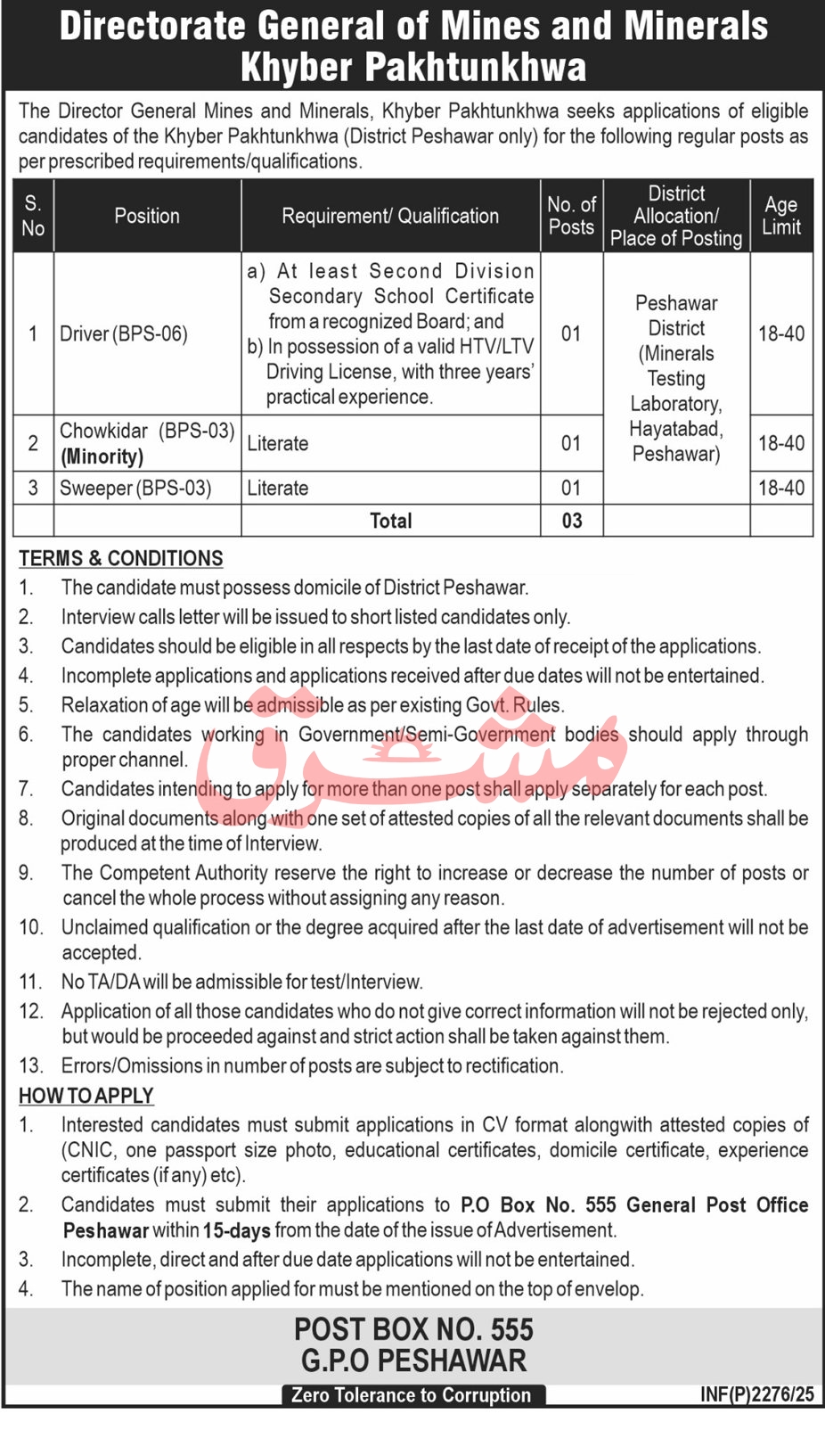 Latest Government Job 2025 Directorate General Mines & Minerals Peshawar Apply Online