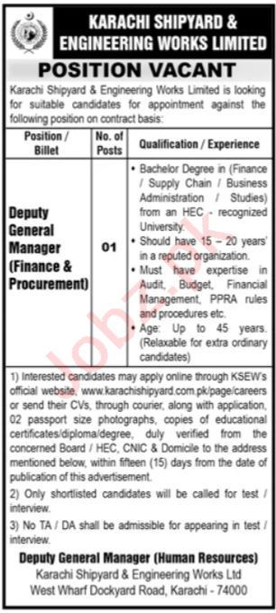 Karachi Shipyard & Engineering Works Limited (KSEW) Latest Finance Job 2025 Online Apply