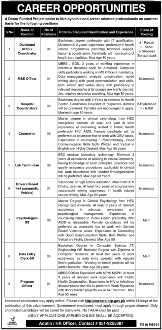 National TB Control Program (NTP) Islamabad New Jobs 2025 Apply Online for Management & Technical Positions