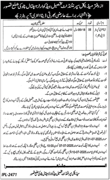 Latest Data Entry Operator Vacancies Jobs 2025 Tehsil Headquarter Hospital (THQ) Pattoki Jobs 2025 Apply Online