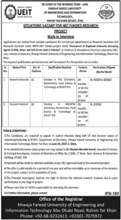Latest Research Job 2025 KFUEIT Online Apply Now for Research Associate & Research Assistant Vacancies