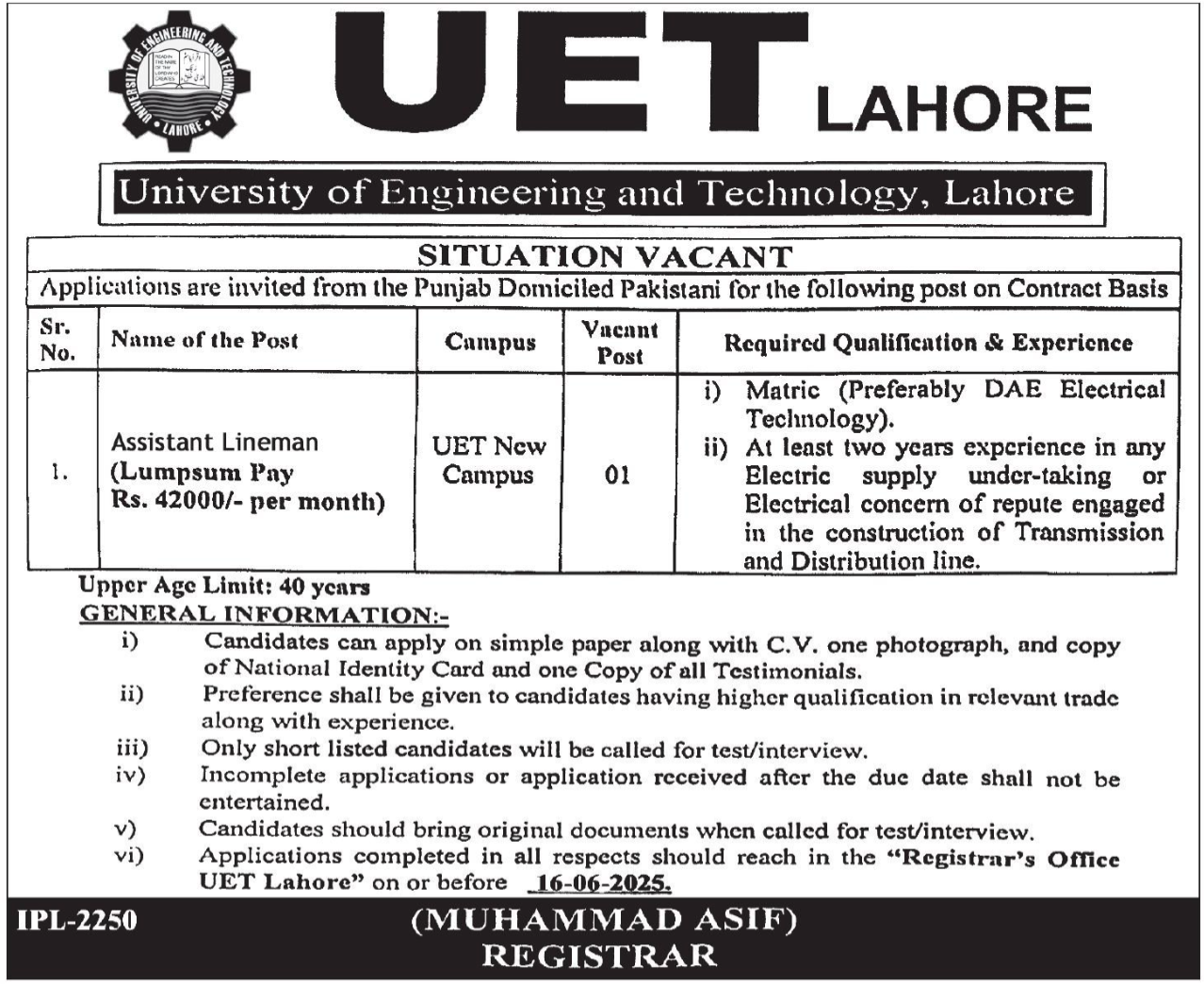 University of Engineering and Technology (UET) Lahore Fresh Job Assistant Lineman Vacancy 2025 Apply Online