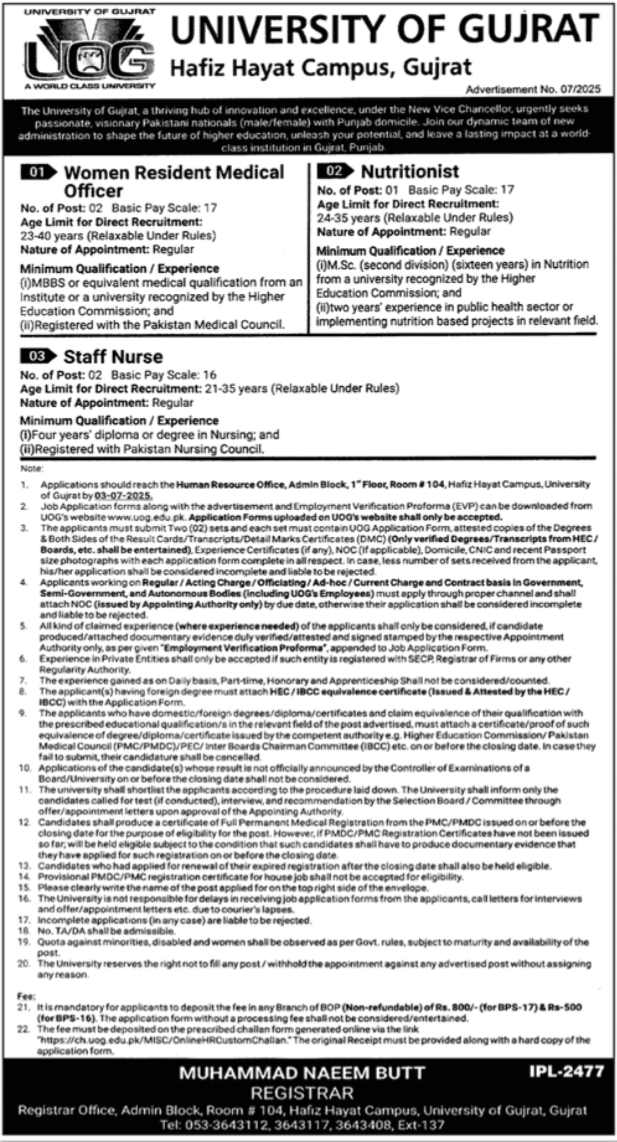 Latest Jobs University Of Gujrat (UOG) Hafiz Hayat Campus 2025 Apply Online for Medical Positions