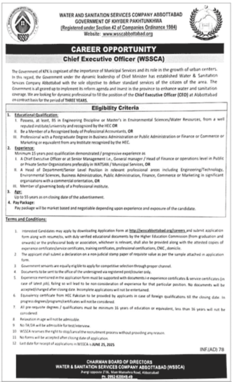 Latest Executive Job 2025 Water and Sanitation Services Company Abbottabad (WSSCA) Apply Online