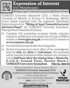 Latest Jobs 2025 COMSATS University Islamabad Apply Online for Legal Counsel & Lawyer Positions