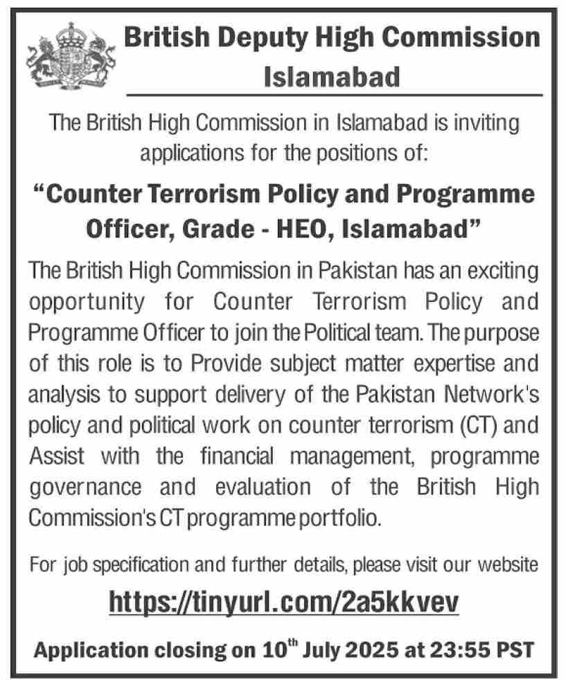 British Deputy High Commission Islamabad New Jobs 2025 Apply Online for Policy Programme Officer Post