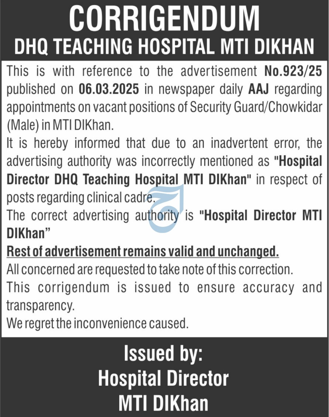 DHQ Teaching Hospital MTI DI Khan Latest Security Jobs 2025 Apply Online for Security Guard & Chowkidar Positions