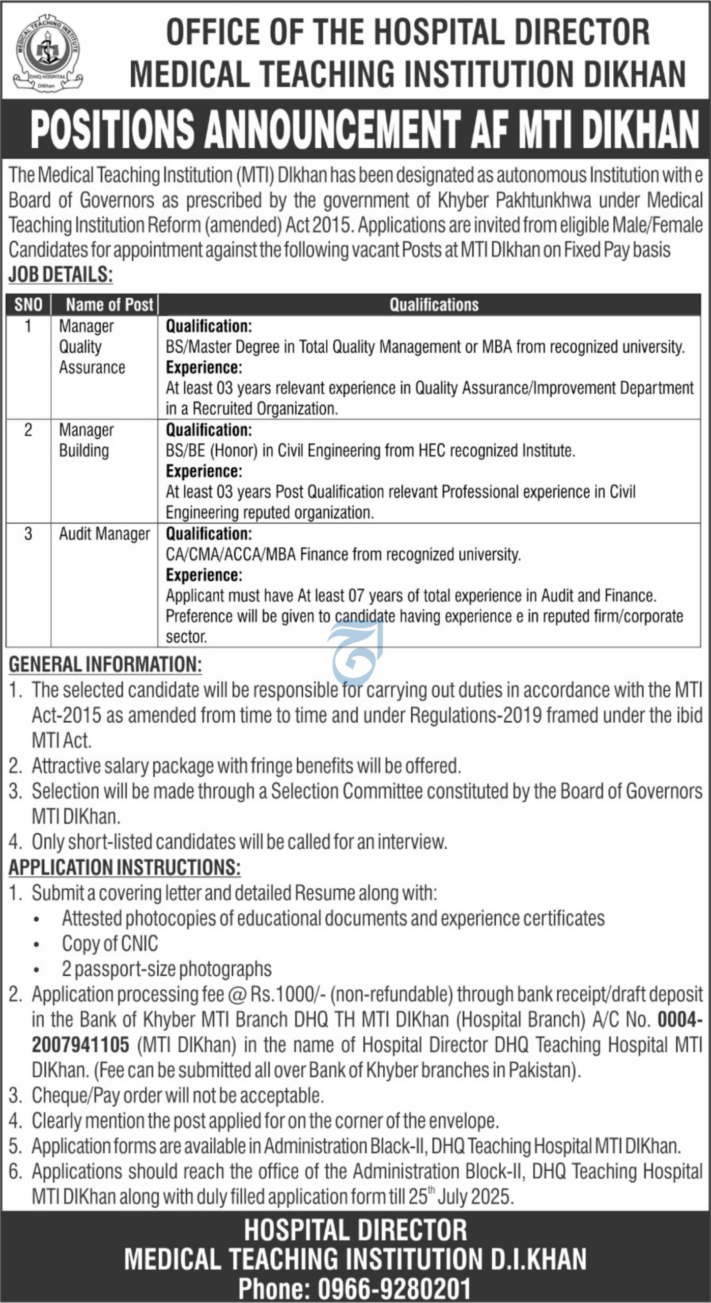 Medical Teaching Institution (MTI) Dera Ismail Khan New Jobs 2025 Online Apply 