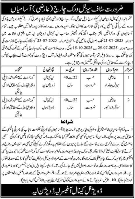 Anhar Department Layyah Latest Jobs 2025 Apply Online for Sessional Driver & Baildar Posts