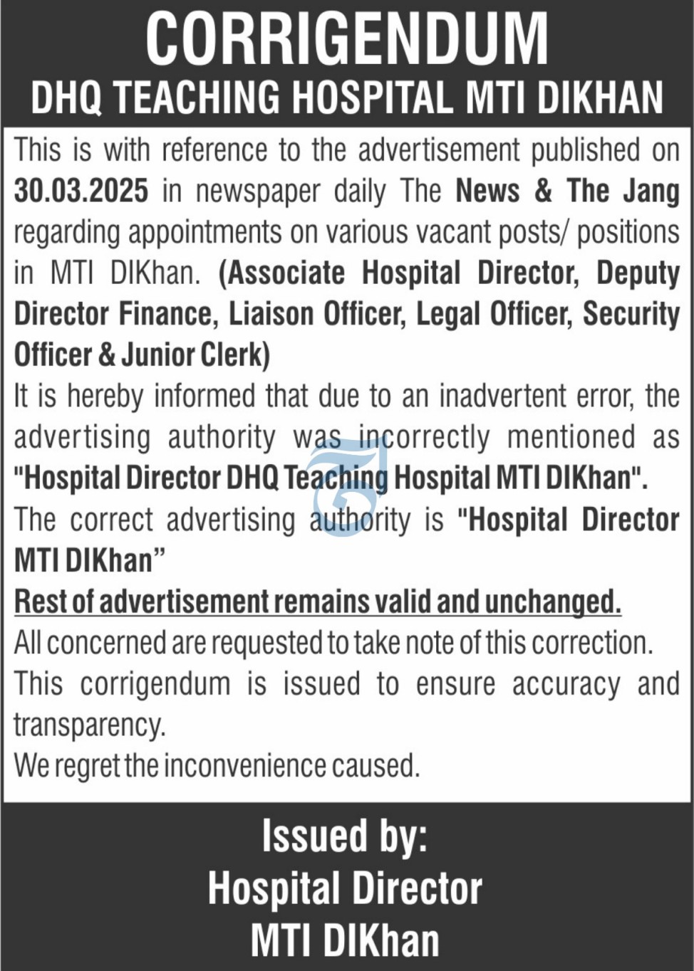 Latest Education Jobs 2025 Medical Teaching Institution (MTI) Dera Ismail Khan Apply Online Today