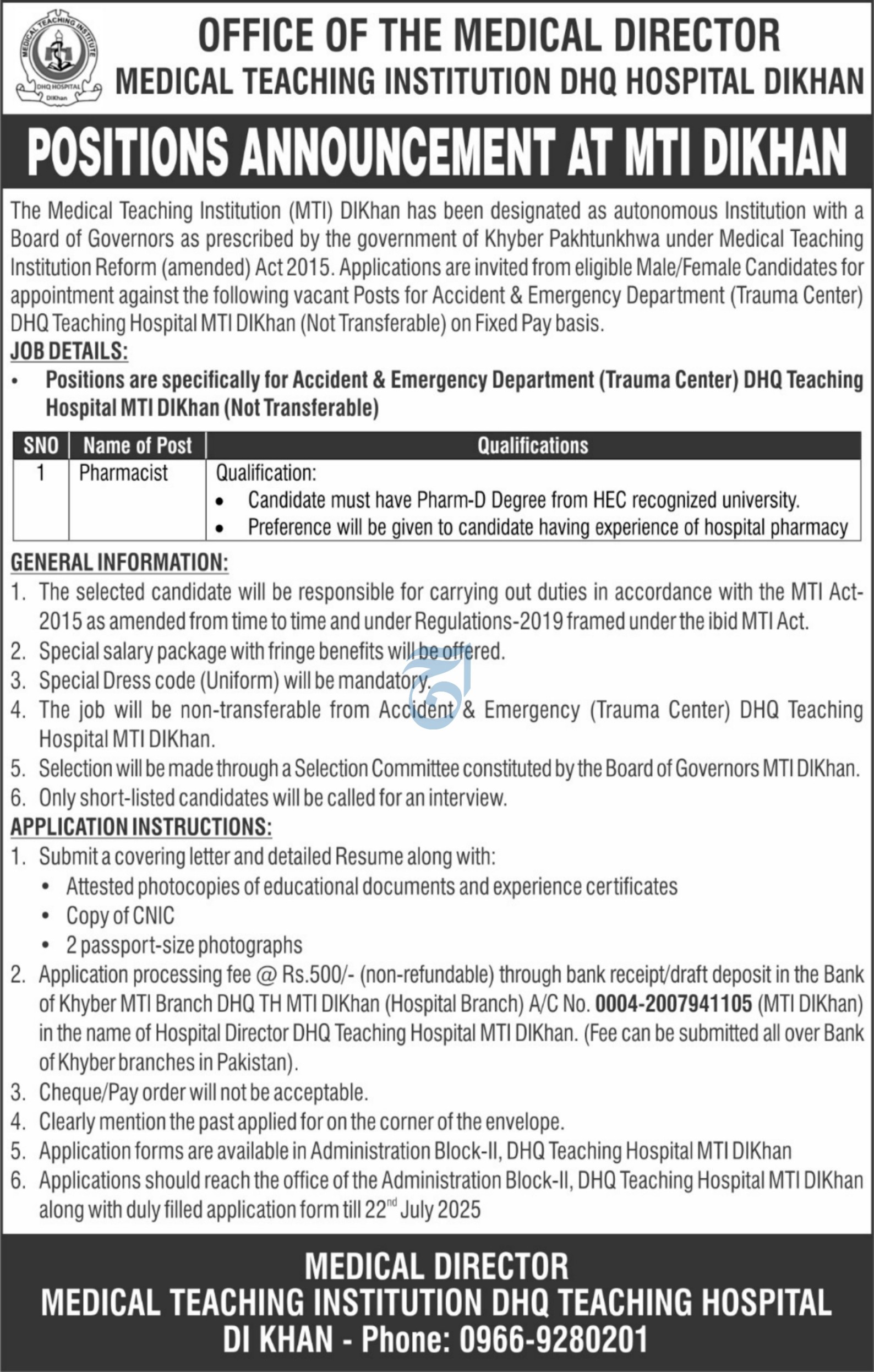 Latest MTI Dera Ismail Khan Jobs 2025 Apply Online for Pharmacist Vacancy
