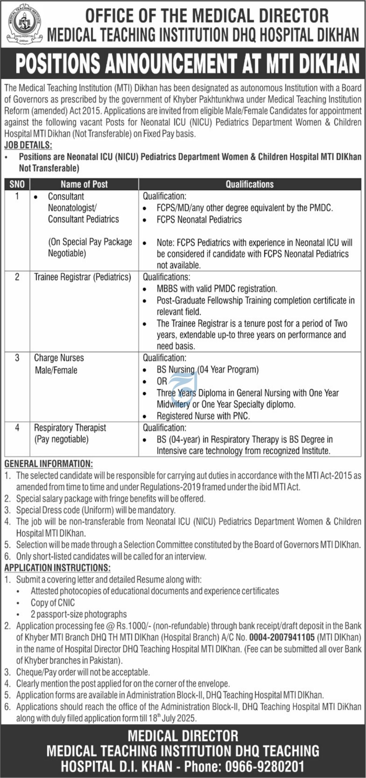 Fresh Medical Jobs Vacancies 2025 at Medical Teaching Institution (MTI) DI Khan Apply Online Today
