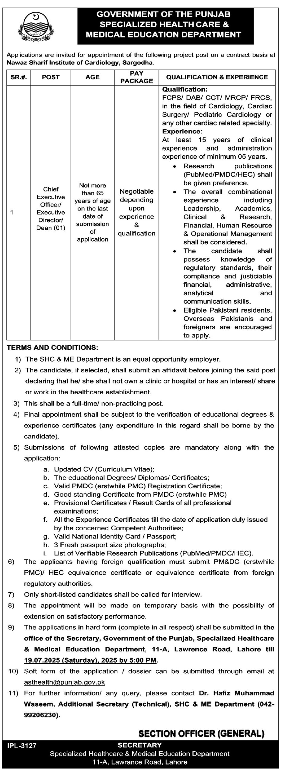 Nawaz Sharif Institute of Cardiology Sargodha Latest Jobs 2025 Apply Online for Multiple Medical Post