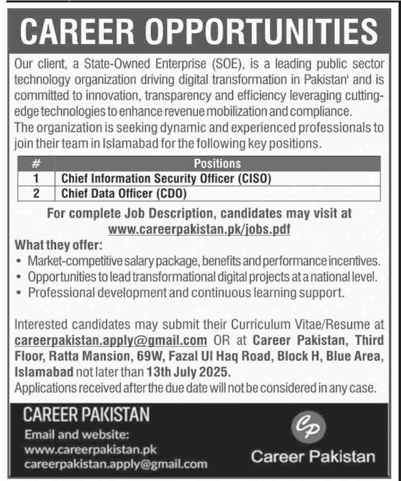 Public Sector Technology Organization Islamabad New Jobs 2025 Apply Online for CISO & CDO Positions