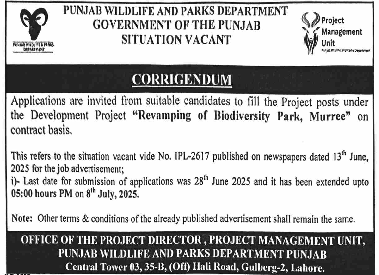 Punjab Wildlife & Parks Department Latest Jobs 2025 Apply Online for Multiple Positions