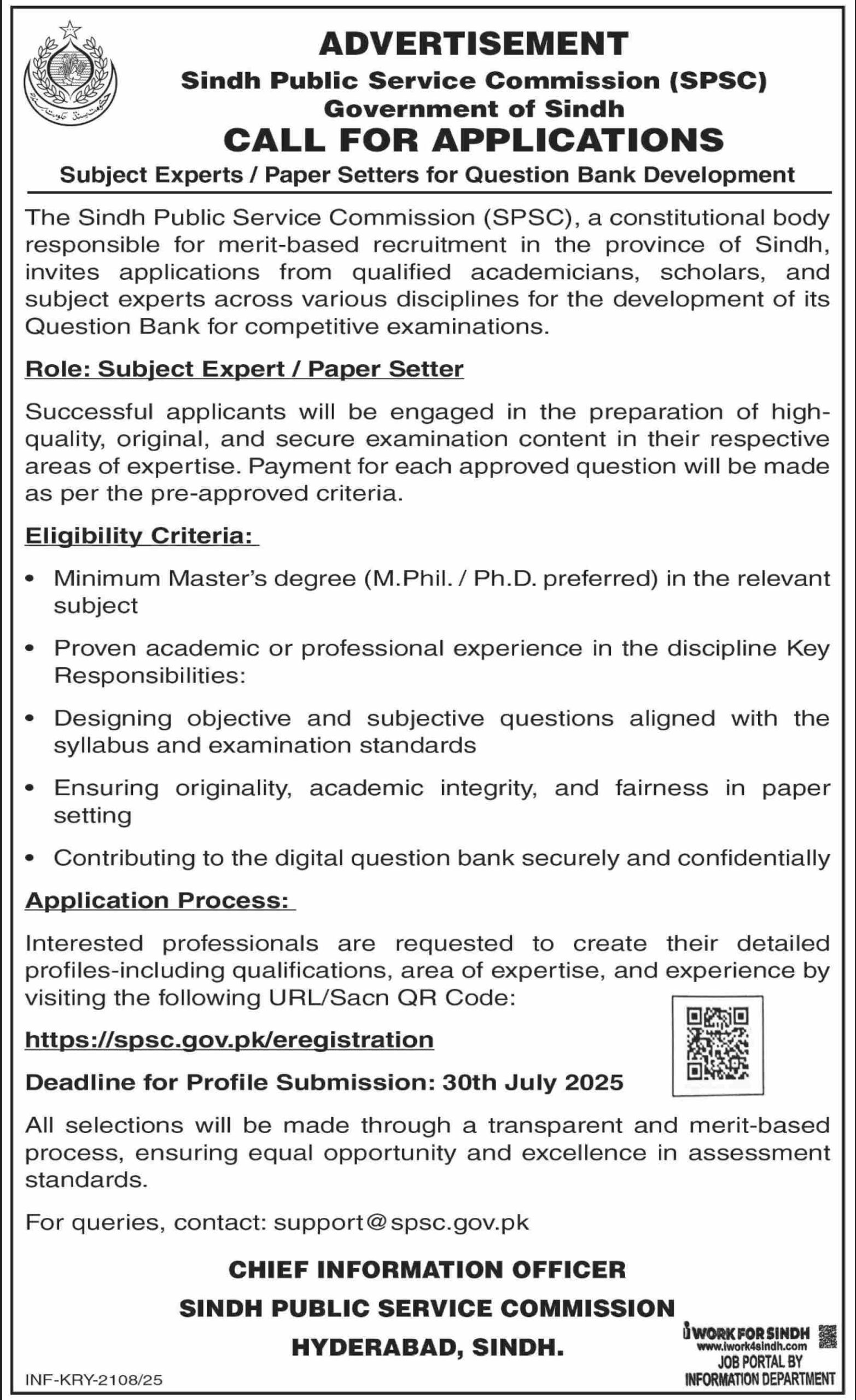 Latest Government Jobs 2025 SPSC Sindh Public Service Commission Hyderabad Apply Online for Subject Expert Position