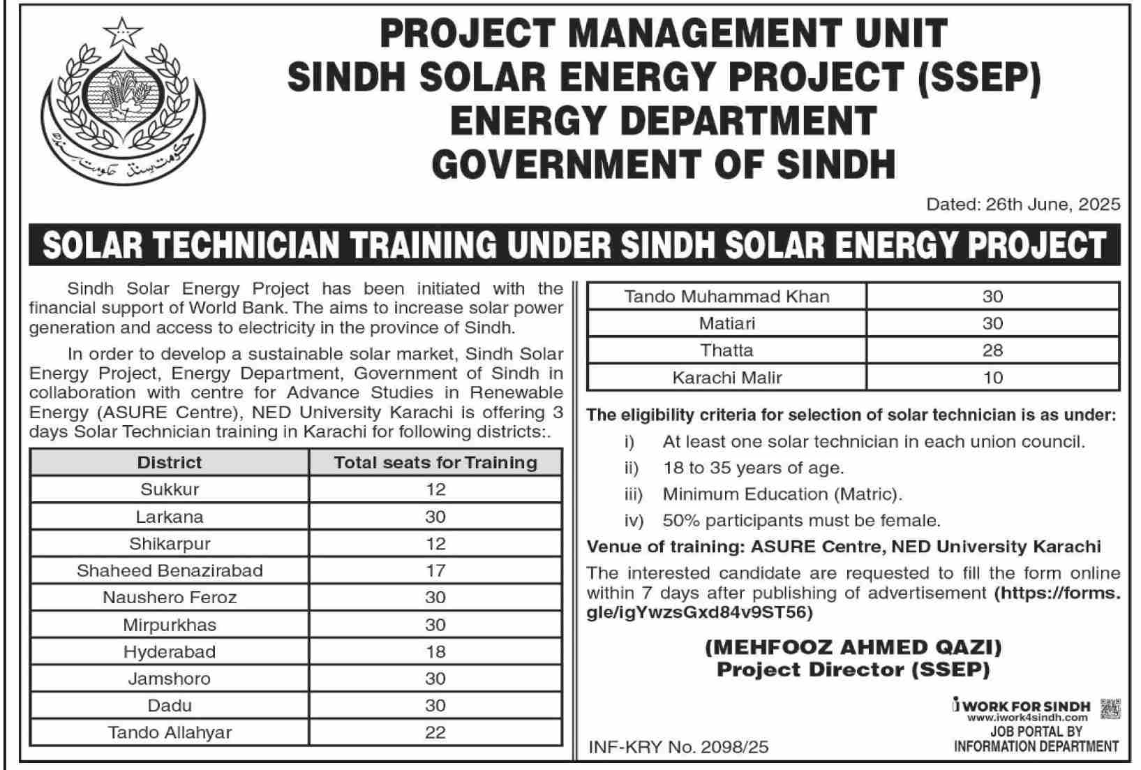 Sindh Solar Energy Project (SSEP) Karachi Latest Jobs 2025 Online Apply for Solar Technician Training Post